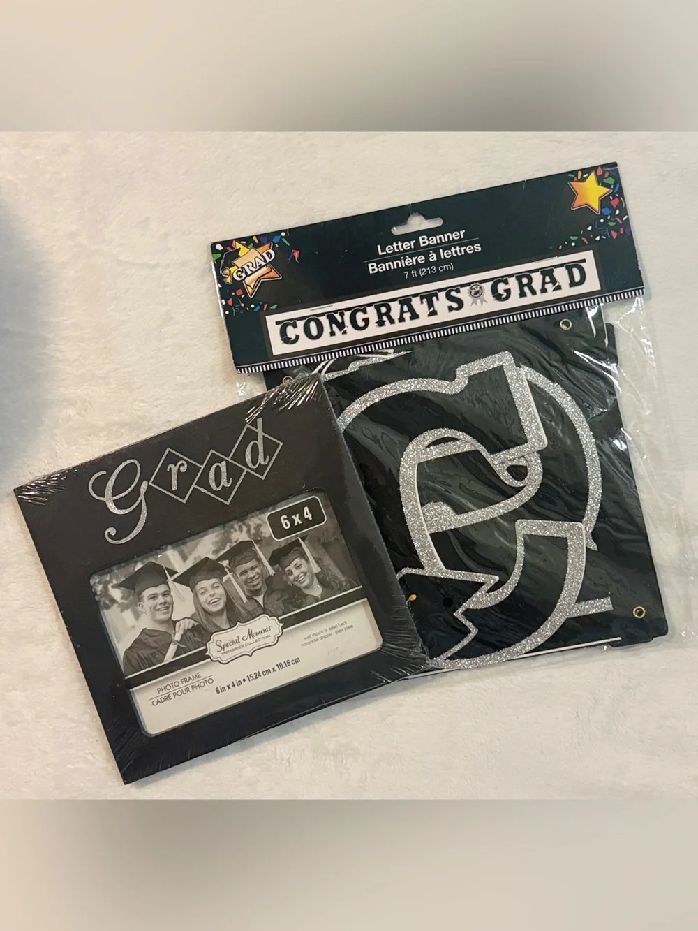 💜 Congrats Grad Black & Silver Letter Banner and Photo Frame Set